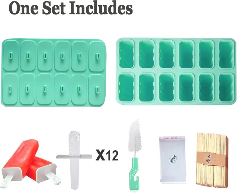 Wpunwen Silicone Popsicle Molds with Sticks 12 cavity Ice Popsicle MoldsIce Cream Mold with Clean Brush 12 Reusable Sticks 50 Sticks 50 Bags Green - Image 4